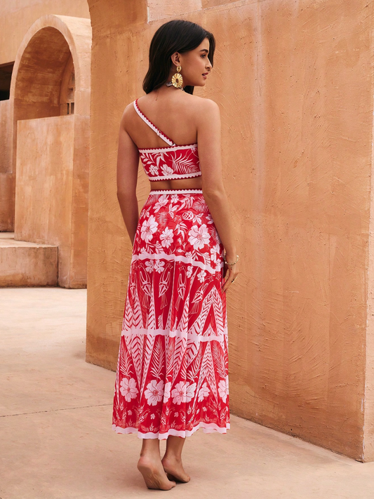 Red One Shoulder Floral High Waist Bikini & Sarong Set