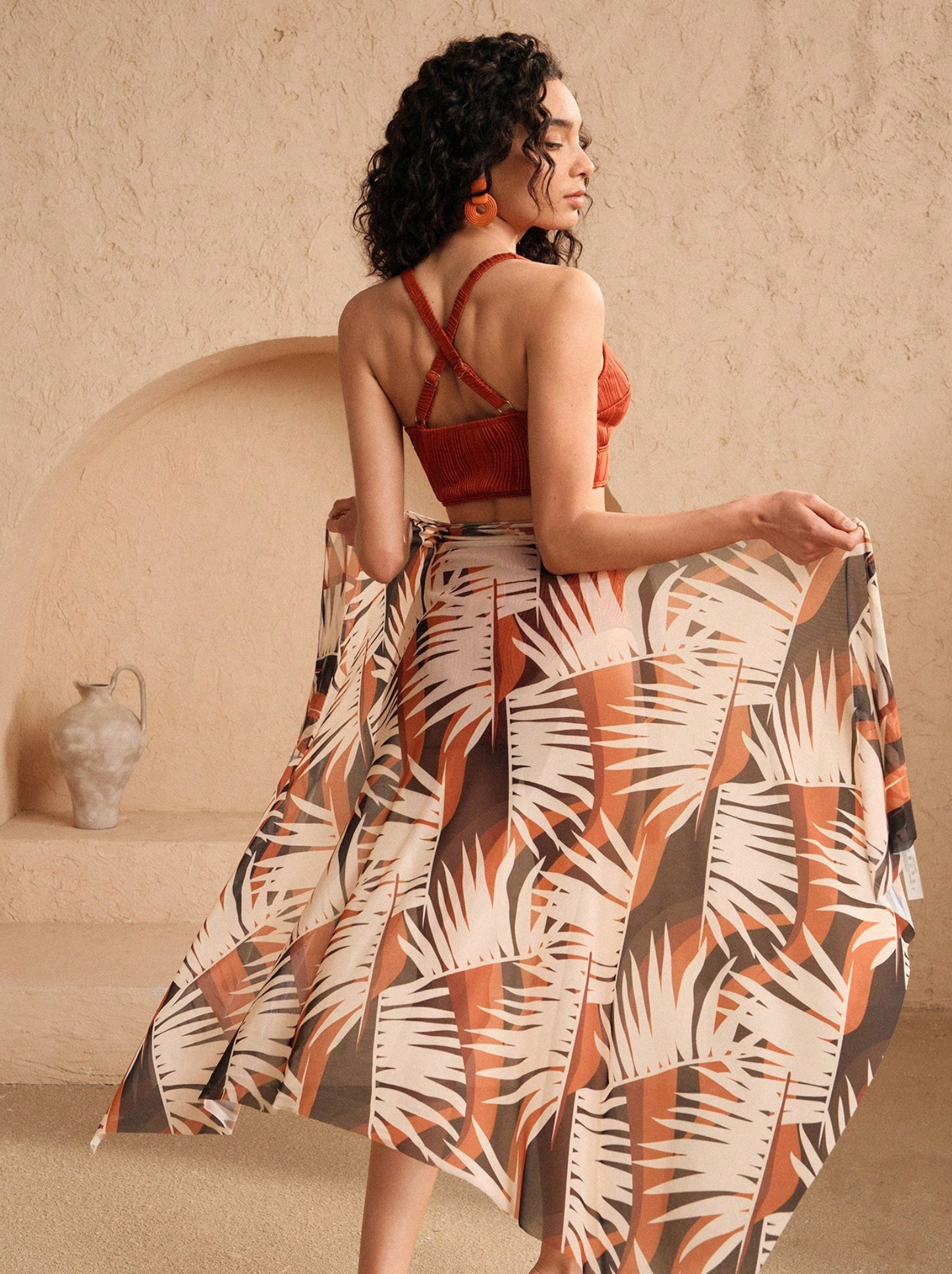 Textured Rust V Neck High Waist Bikini & Tropical Sarong Set