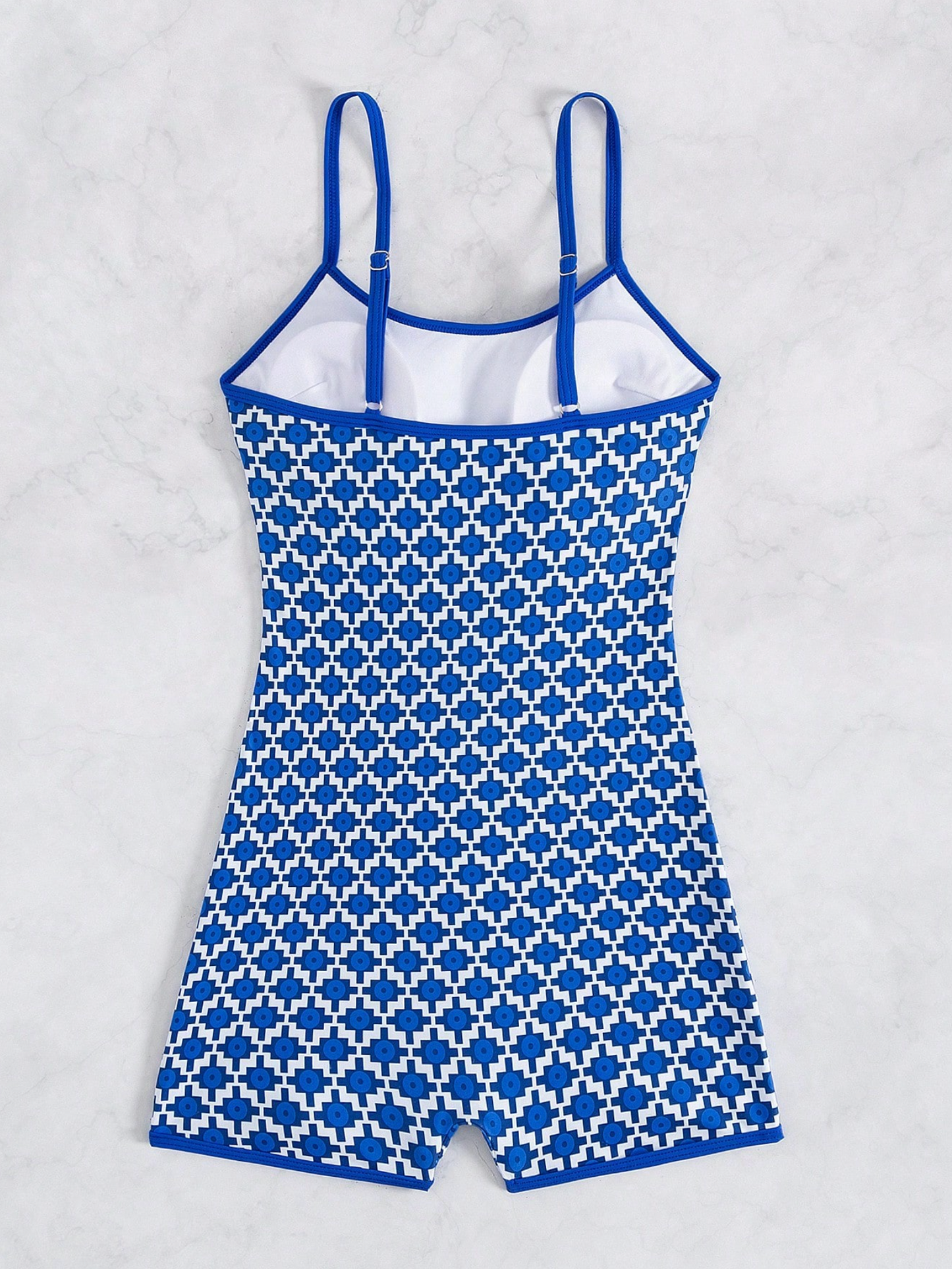 Sporty Blue & White Geo Print One Piece Shorts