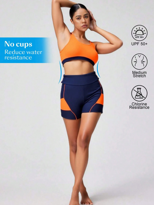 50 SPF Navy & Orange Racerback Bikini Shorts Set