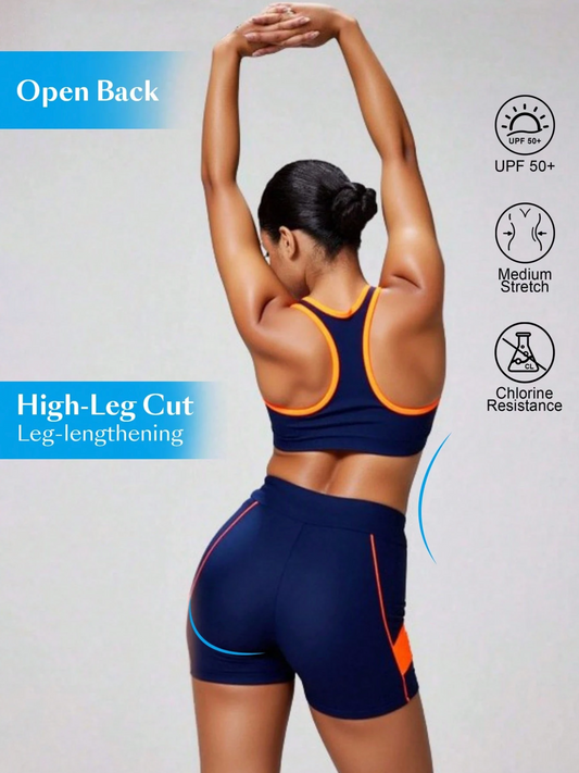 50 SPF Navy & Orange Racerback Bikini Shorts Set