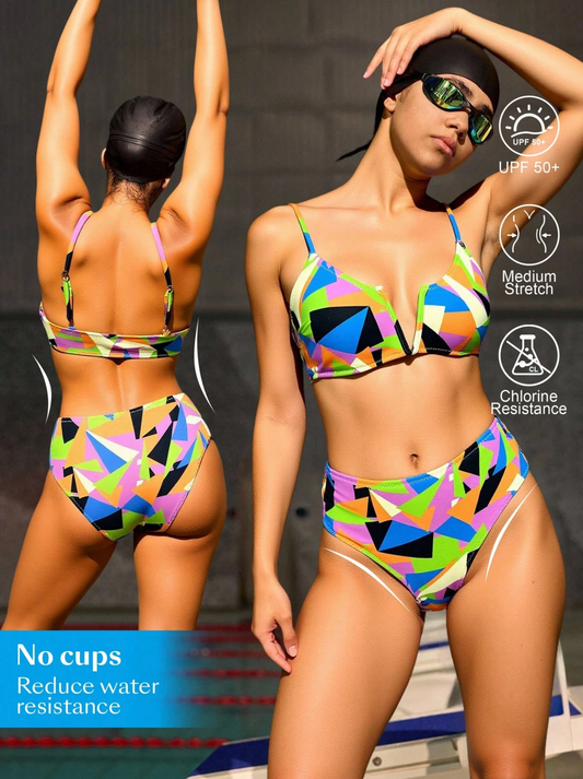 50 SPF V Wired Geo Print High Waist Bikini Set