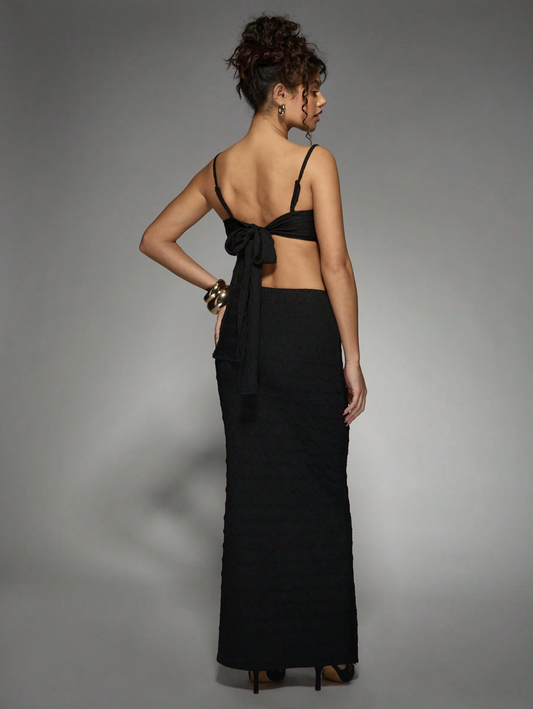 Ruched Black Textured Bralet And Maxi Skirt Co-Ord