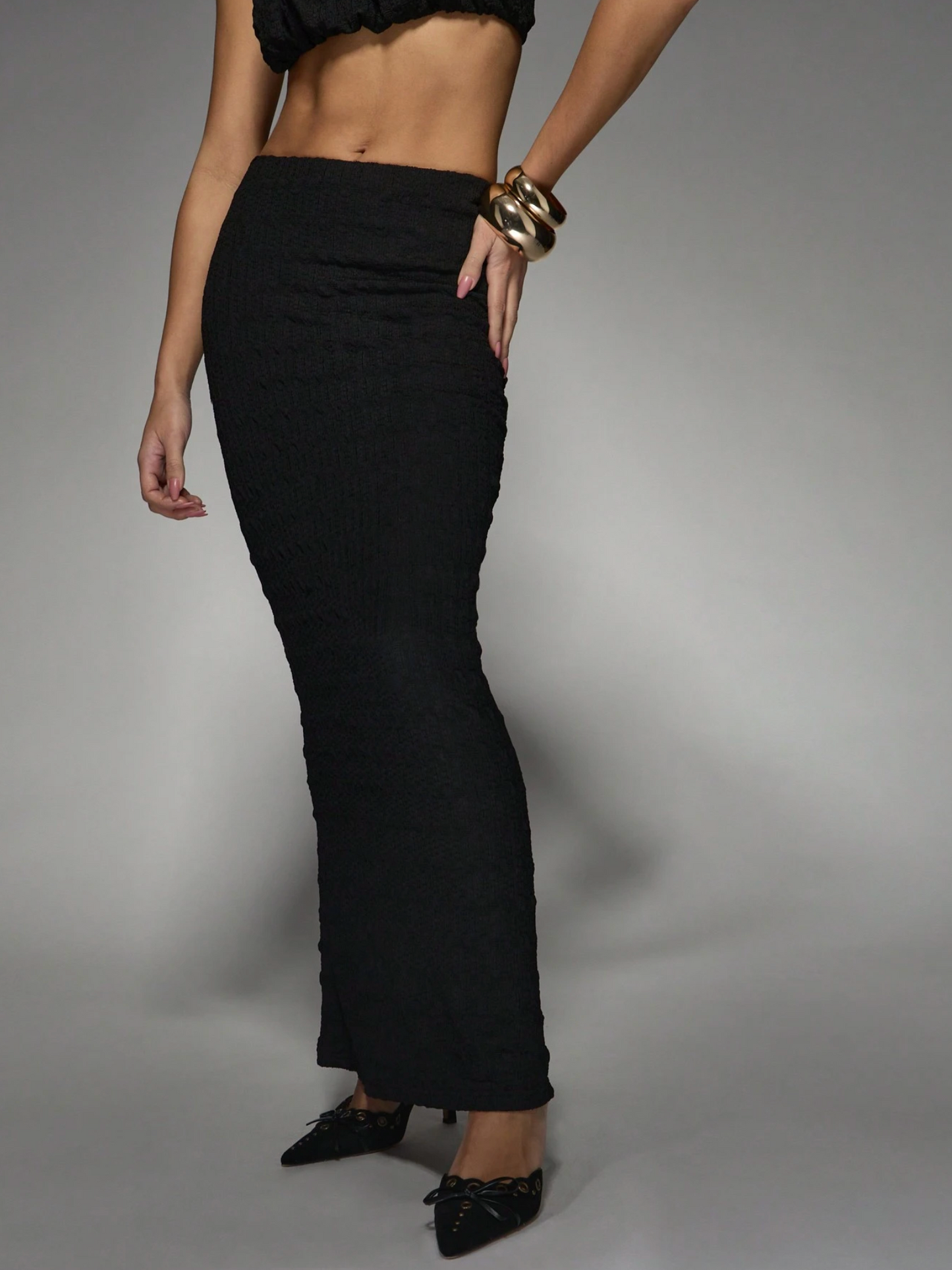 Ruched Black Textured Bralet And Maxi Skirt Co-Ord