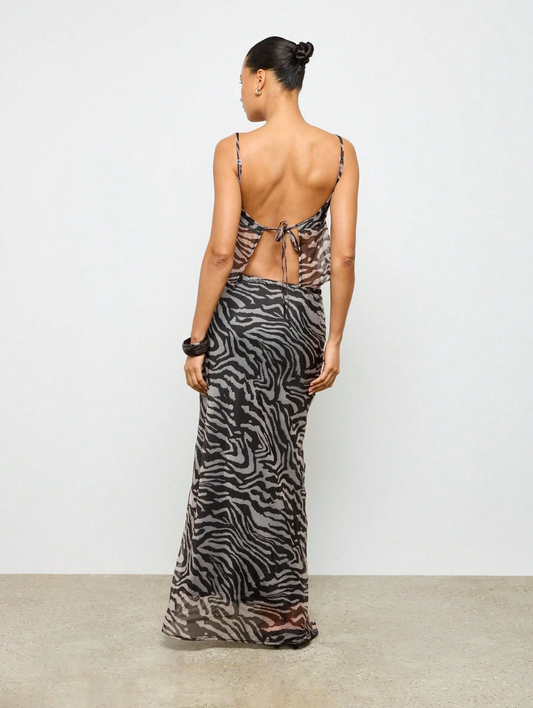 Zebra Print Sheer Cami Crop Top & Maxi Skirt Co-Ord Set