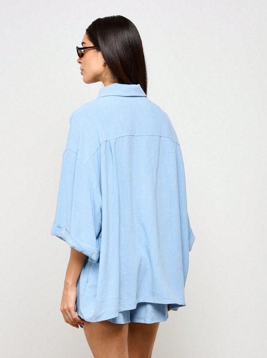 Linen Sky Blue Button-Down Shirt & Shorts