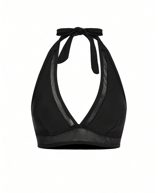 Black Mesh Insert Halter Bikini Top