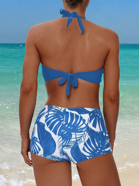 Dusty Blue Ruched Halter Block and Tropical Bikini Shorts Set