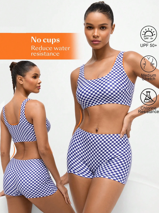 50 SPF Navy & White Checkered Print Bikini Shorts Set