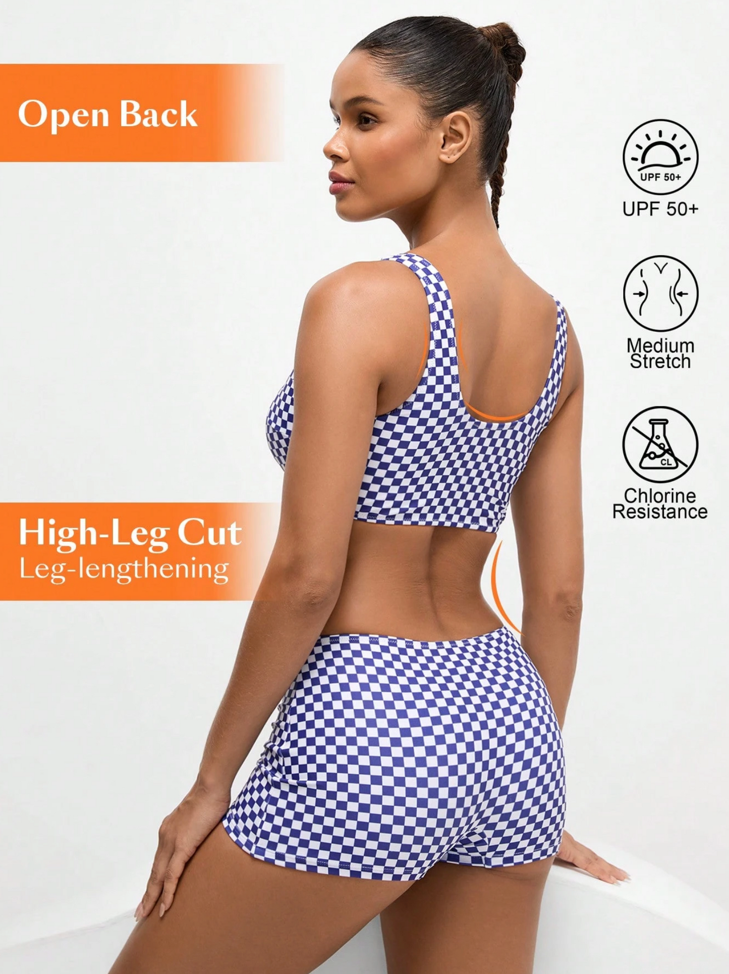50 SPF Navy & White Checkered Print Bikini Shorts Set