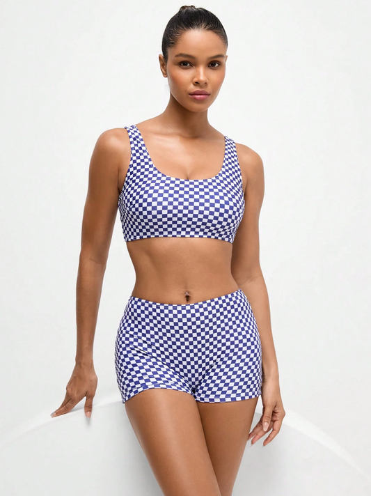 50 SPF Navy & White Checkered Print Bikini Shorts Set