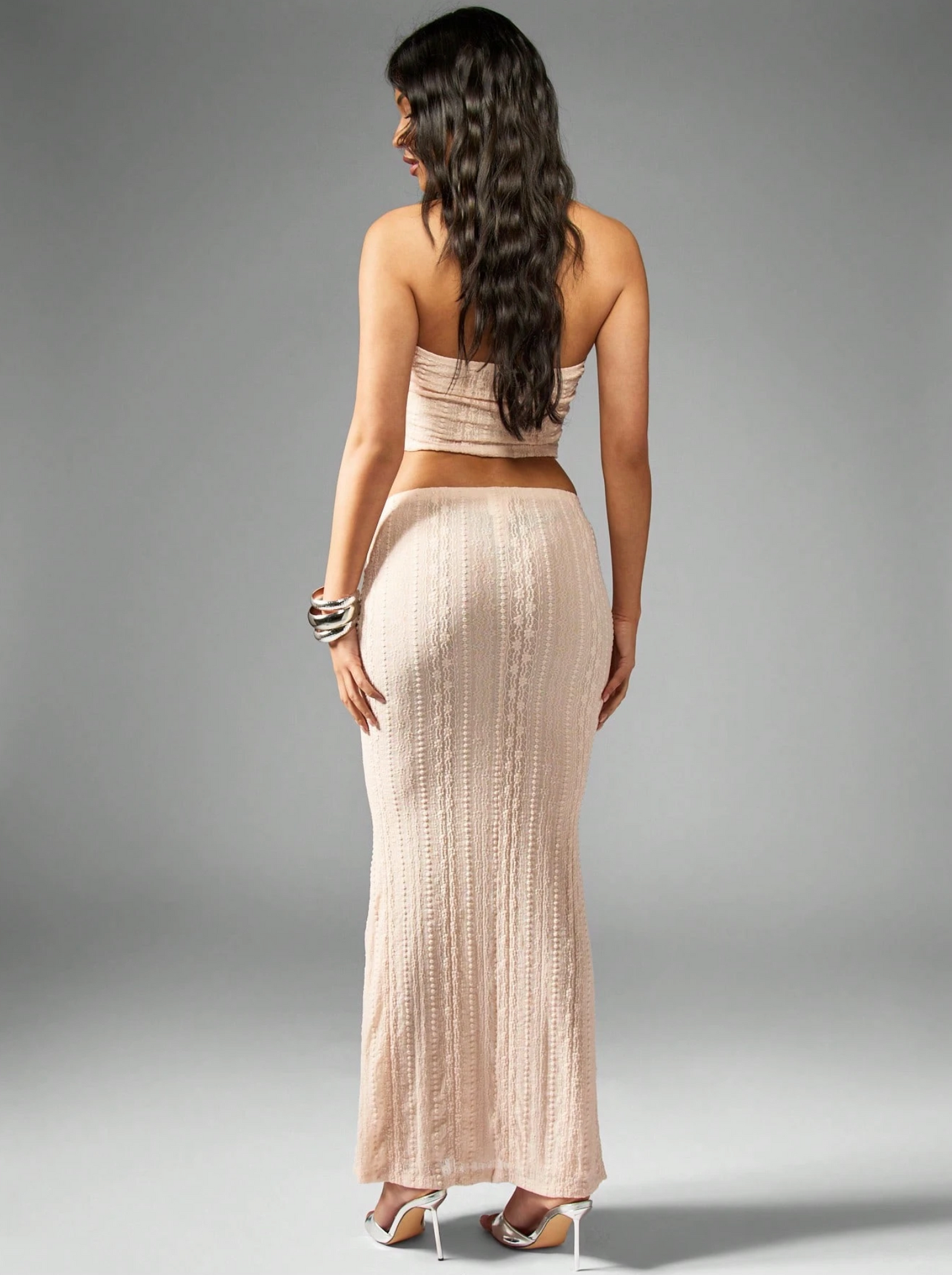 Blush Textured Cut Out Bandeau Crop Top & Maxi Skirt Co Ord Set