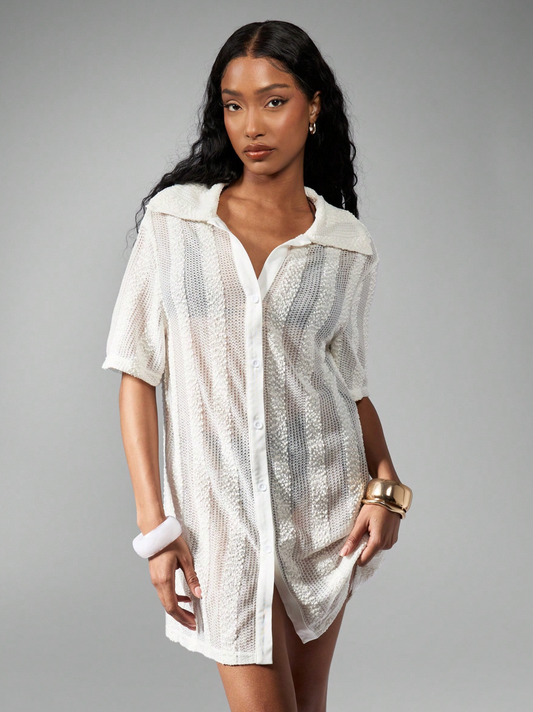 Crochet Buttoned Cover Up Shirt Dress
