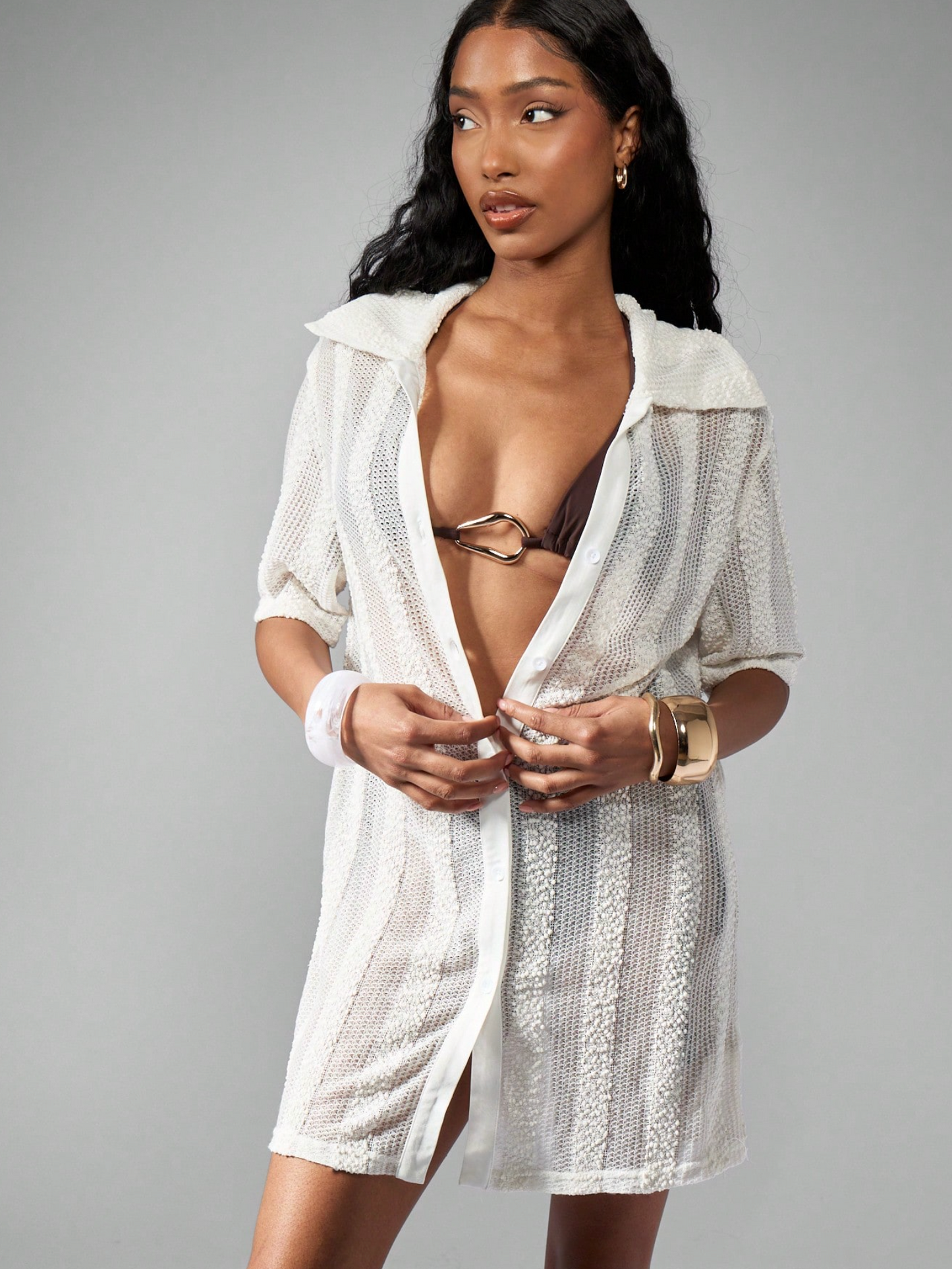 Crochet Buttoned Cover Up Shirt Dress