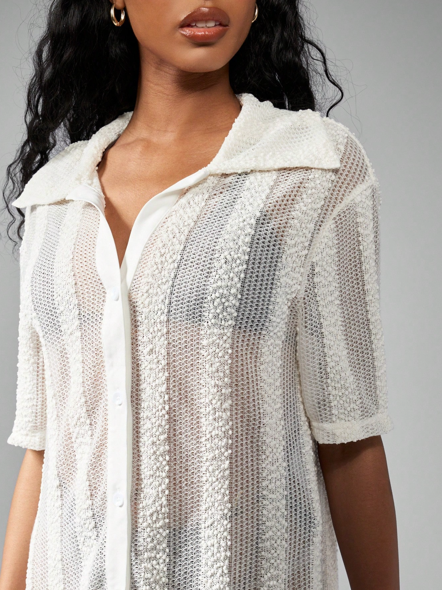 Crochet Buttoned Cover Up Shirt Dress