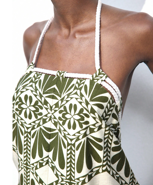 Olive Boho Print Braided Halter Maxi Dress