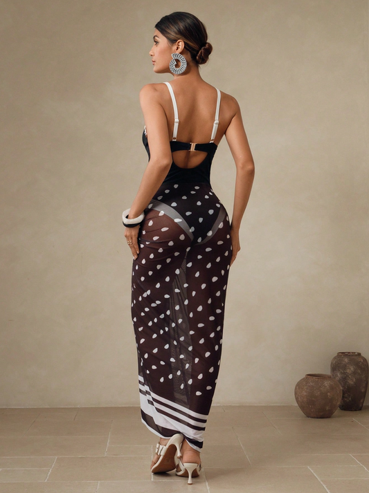 Monochrome Two Tone V Swimsuit & Polka Dot Mesh Sarong Set