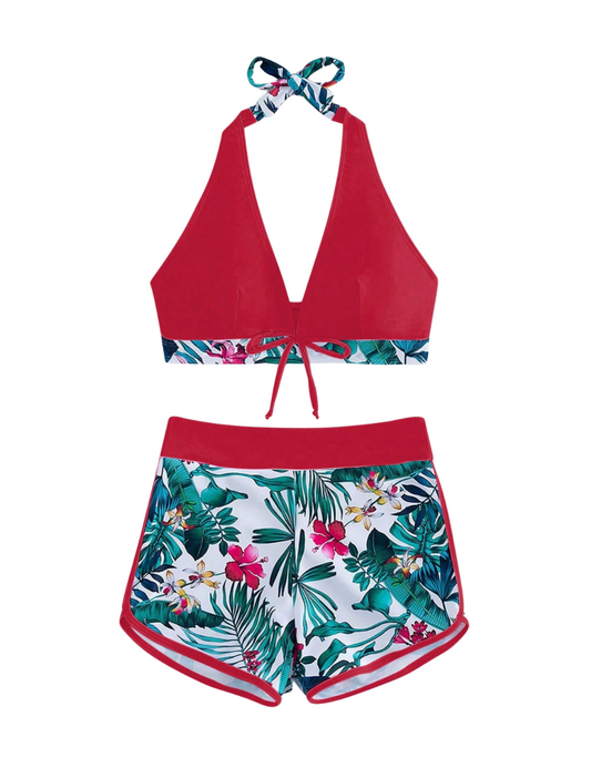 Red Block & Tropical Halter Bikini Shorts Set