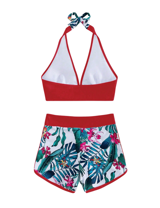 Red Block & Tropical Halter Bikini Shorts Set