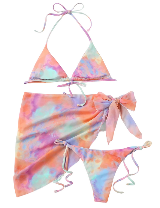3 Pack Pastel Tie Dye Bikini & Wrap Set