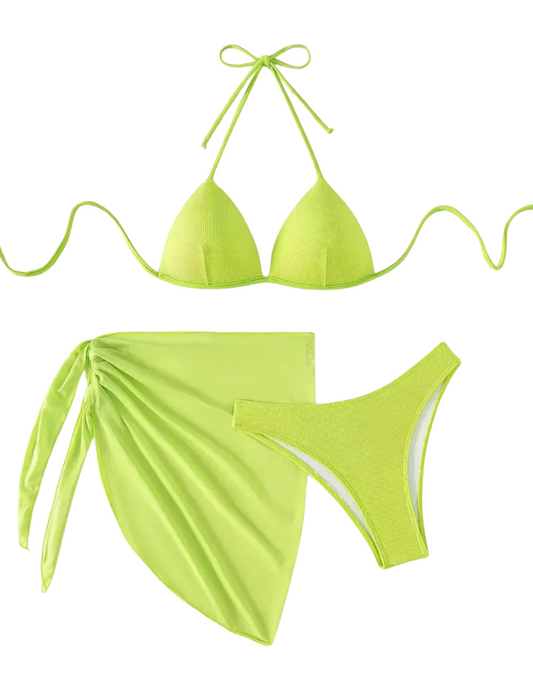 3 Pack Lime Ribbed Push Up Bikini & Wrap Set