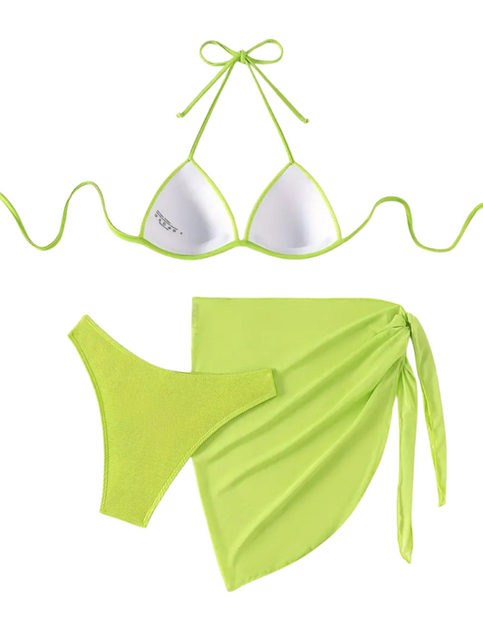 3 Pack Lime Ribbed Push Up Bikini & Wrap Set