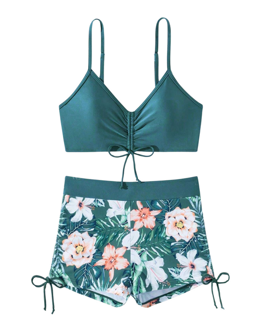 Teal & Tropical Ruched Drawstring Bikini Shorts Set