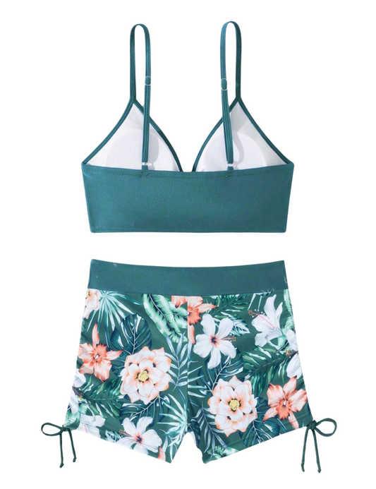 Teal & Tropical Ruched Drawstring Bikini Shorts Set