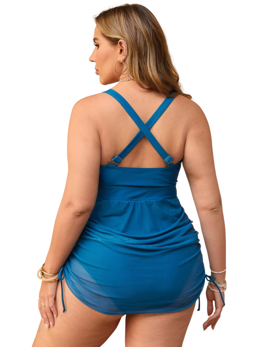 Plus Size Teal V Neck Ruched Drawstring Skirt Swimsuit