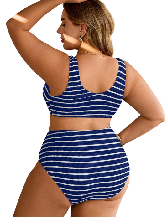 Plus Navy White Stripe Crinkle Ring Bikini Set