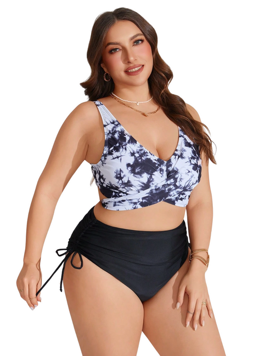 Plus Tie Dye & Black Twist Bikini Set