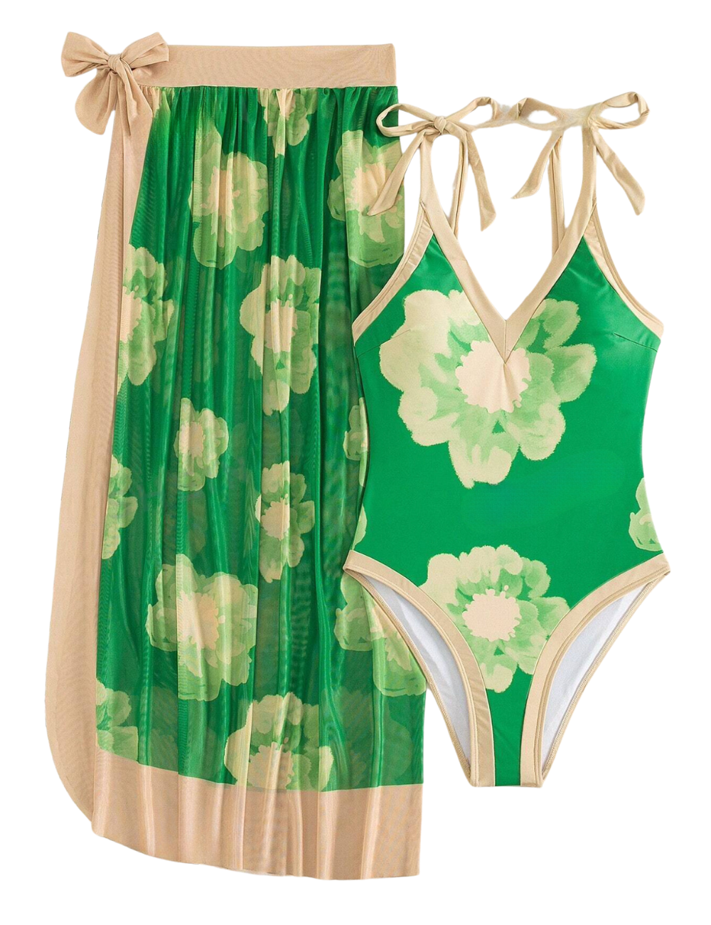 LUXE COLLECTION - Green Watercolor Plunge One Piece & Sarong Set
