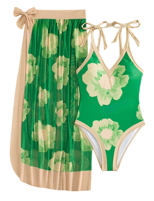 LUXE COLLECTION - Green Watercolor Plunge One Piece & Sarong Set