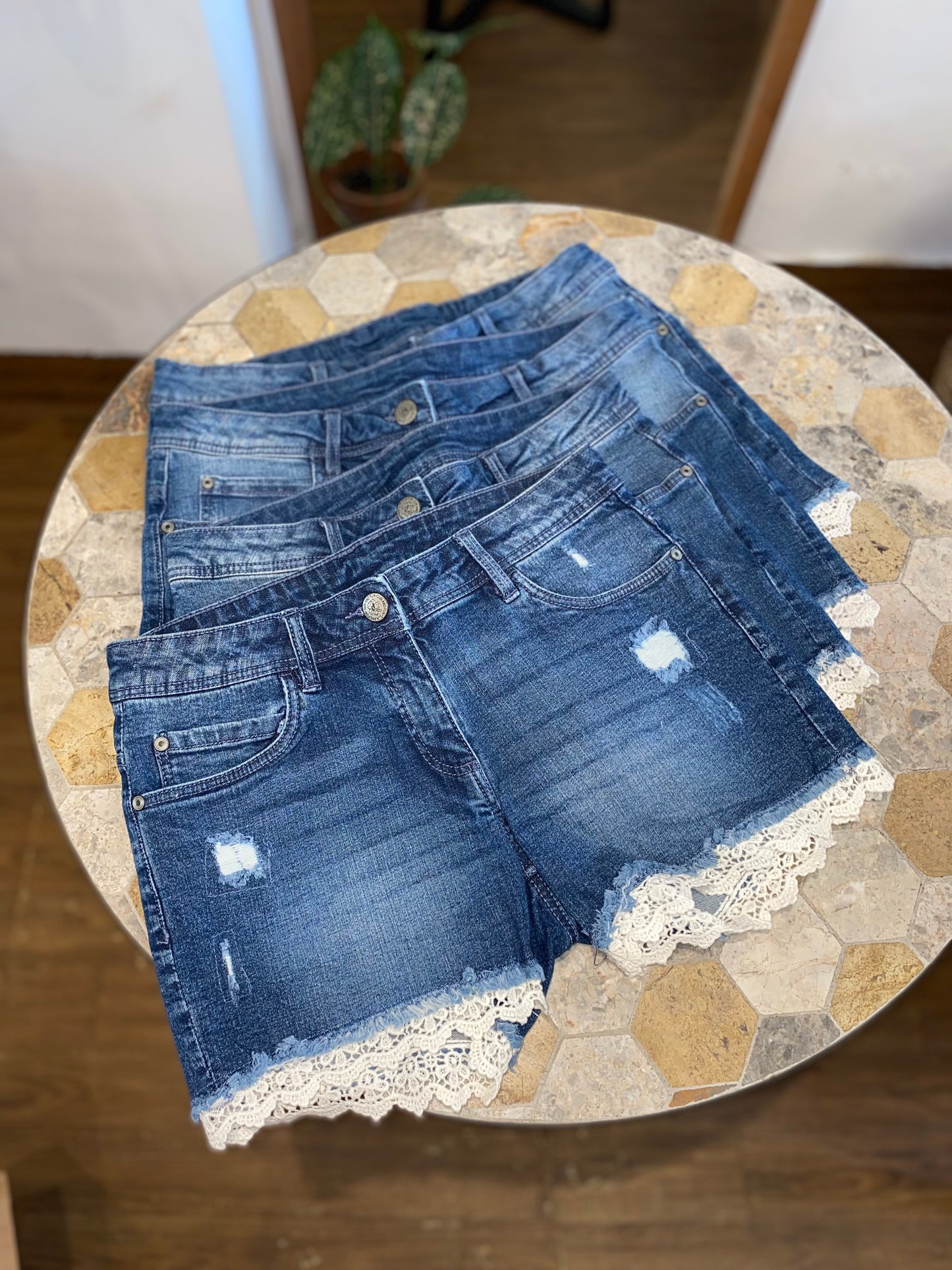 Lace Trim Navy Denim Shorts