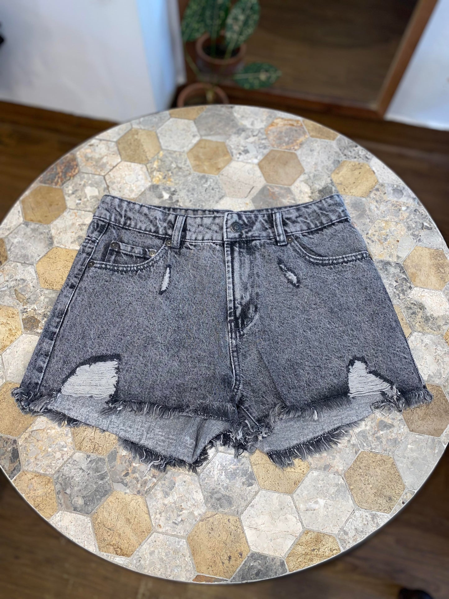 Grey Ripped Denim Shorts