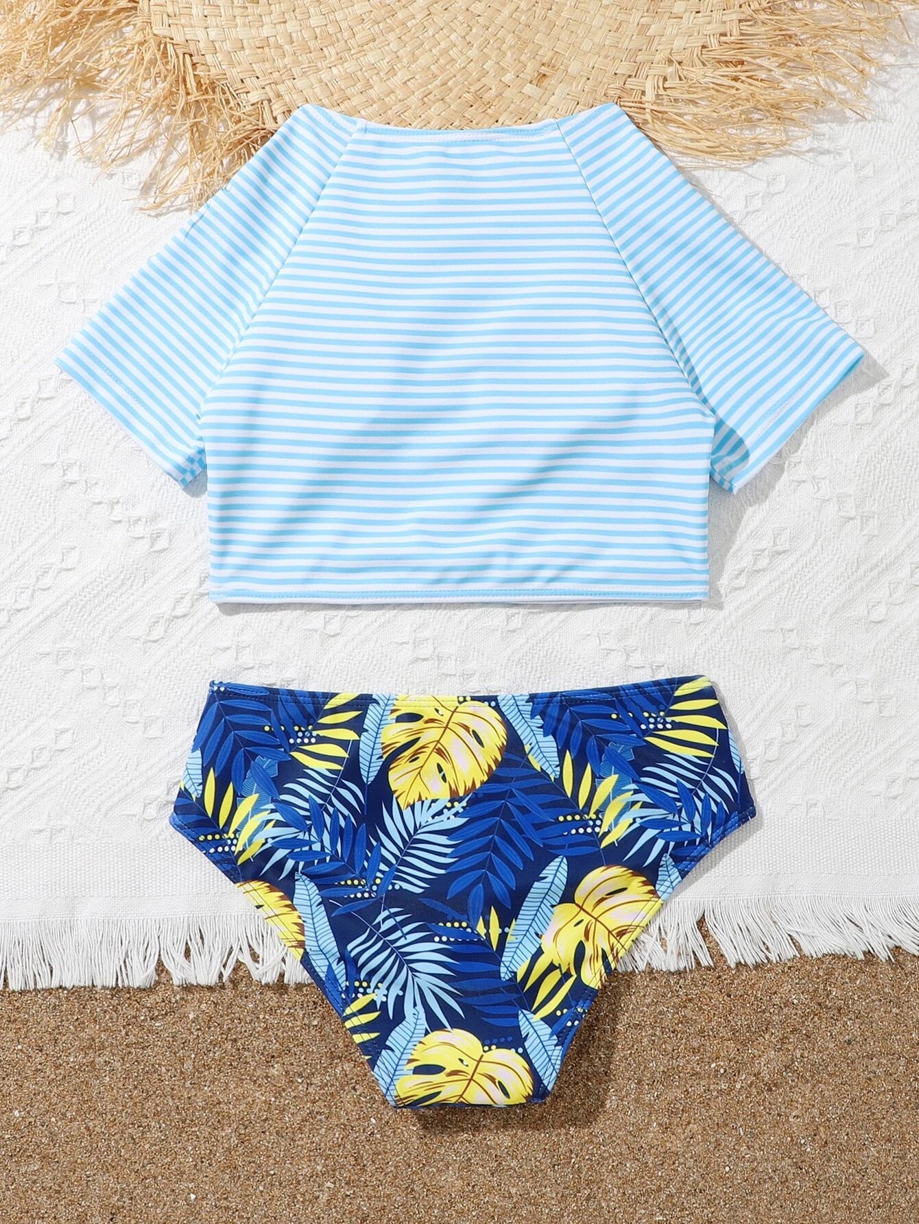 Girls Striped & Tropical Print High Neck Bikini
