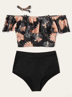 Hot Tropics Black Off Shoulder Ruffle Bikini Set
