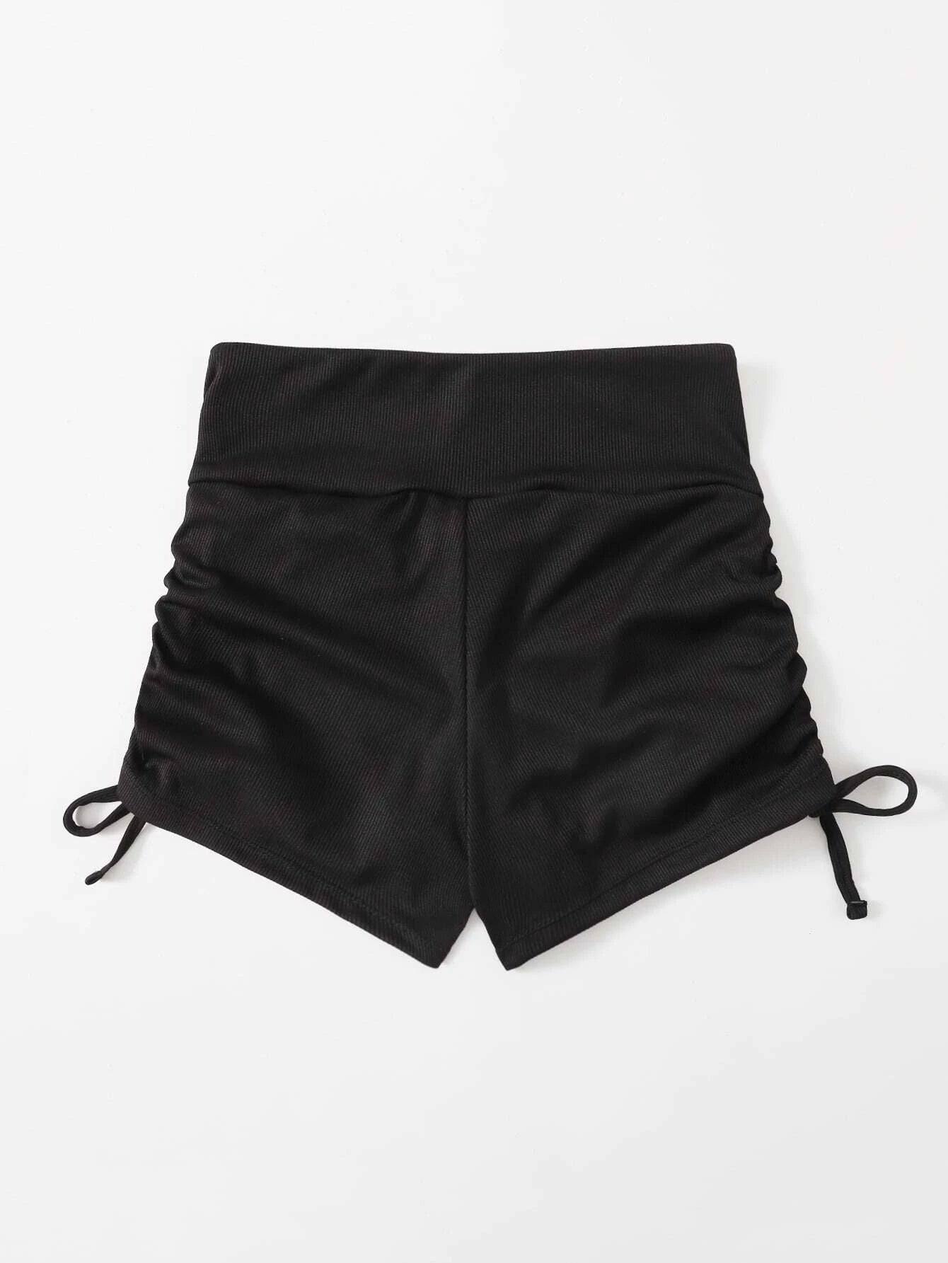 Basics Ribbed Black Drawstring Bikini Shorts