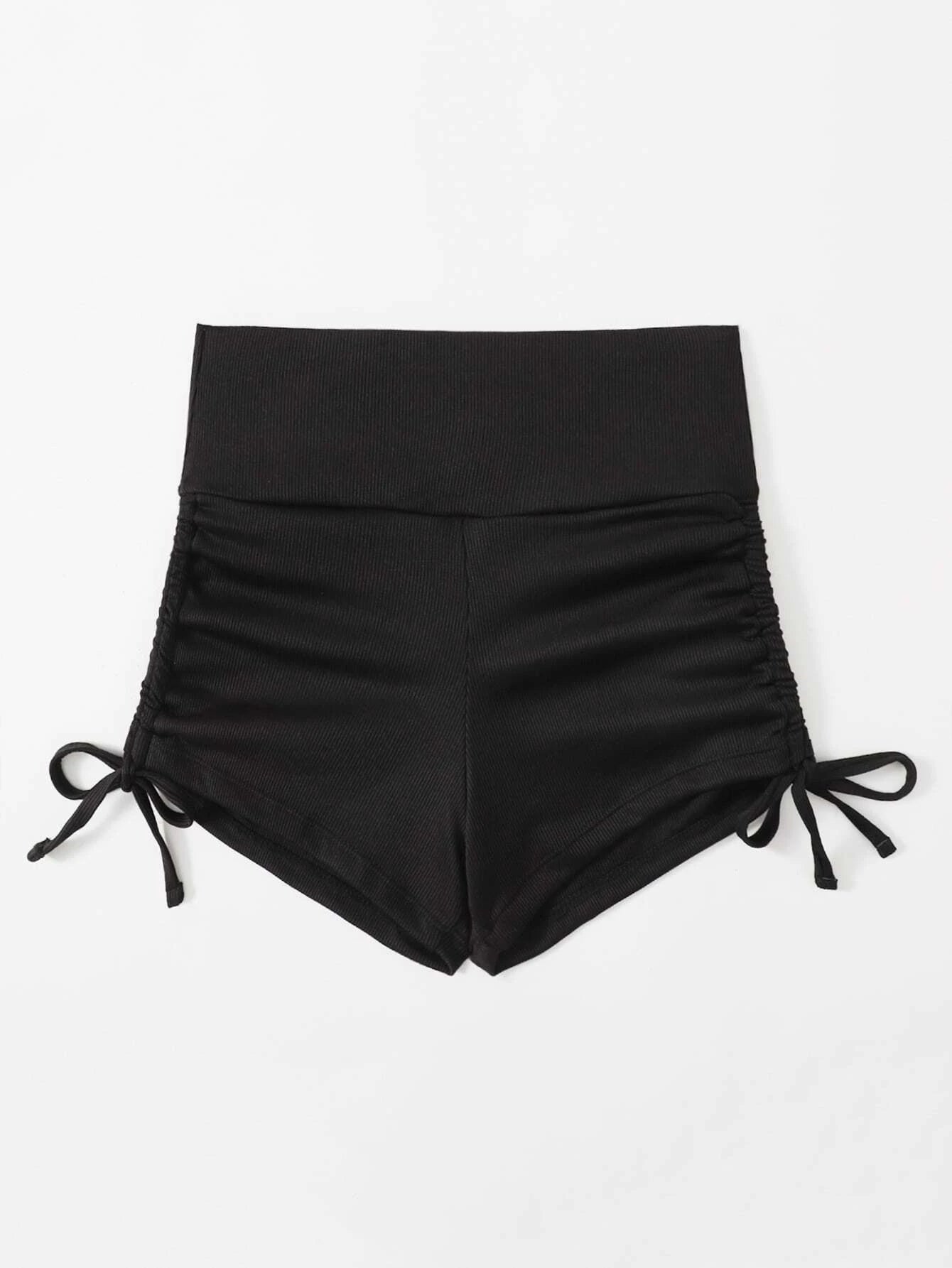 Basics Ribbed Black Drawstring Bikini Shorts