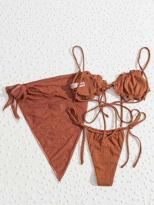 3 Pack Mocha Ribbed Tie Up Bikini Set