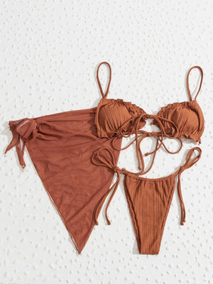 3 Pack Mocha Ribbed Tie Up Bikini Set