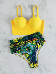 Tropical Bloom & Block Ruched Push Up Bikini Set