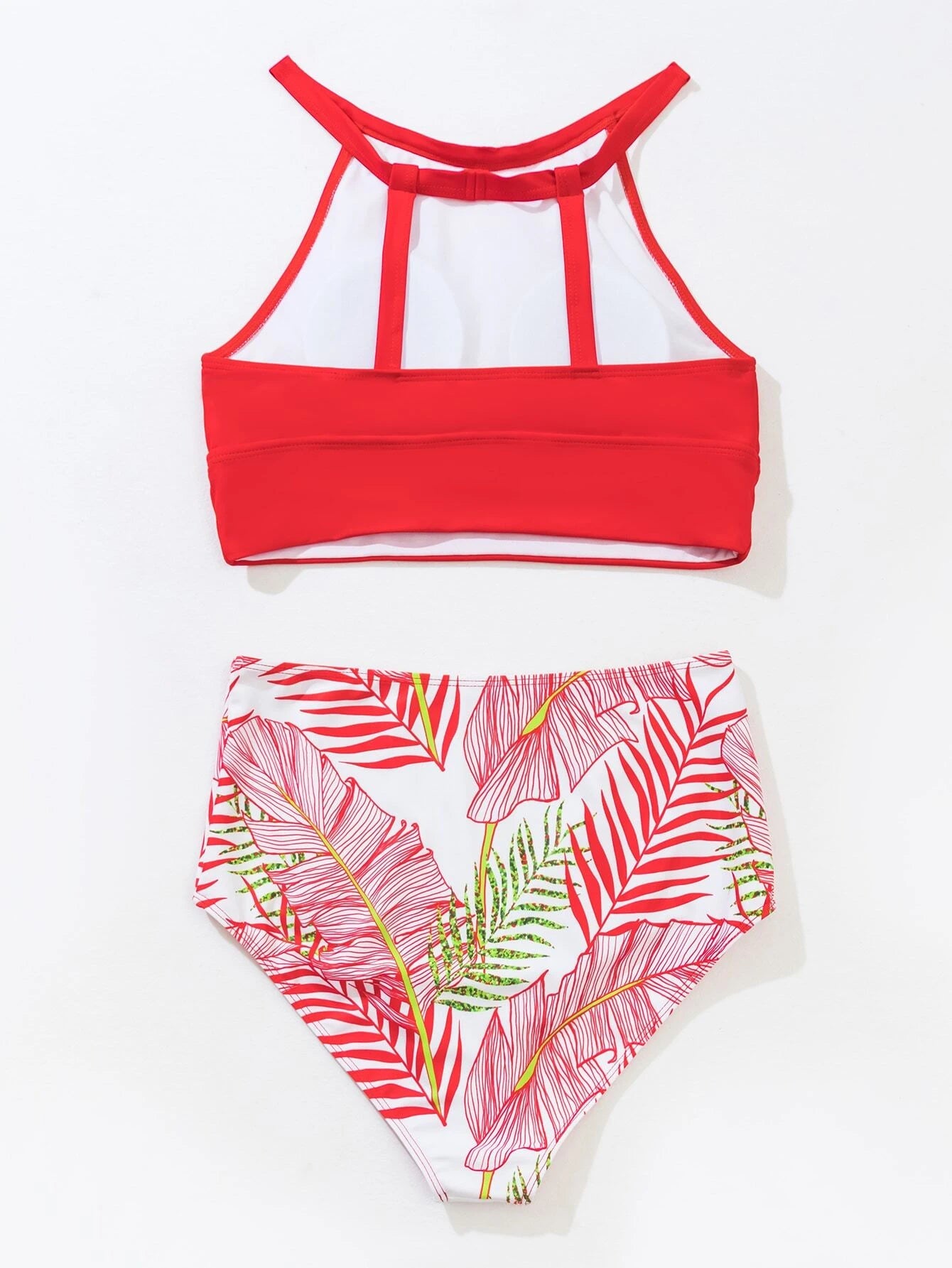 Red Block & Tropical Print High Waisted Bikini Set