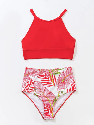 Red Block & Tropical Print High Waisted Bikini Set