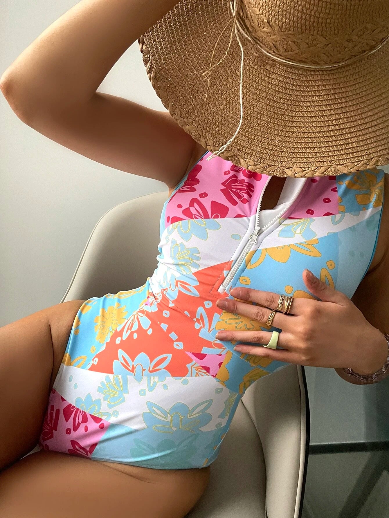 Color Block Floral Zipper Front One Piece