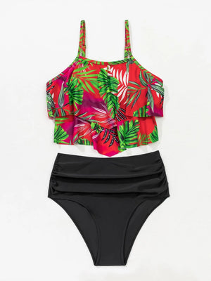 Hank Hem Tropical Tiered Ruched Bikini Set