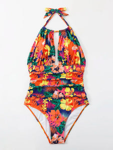 Ruched Halter Floral One Piece Swimsuit