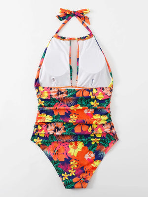 Ruched Halter Floral One Piece Swimsuit