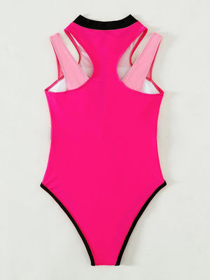 Barbiecore High Neck Zipper Detail One Piece