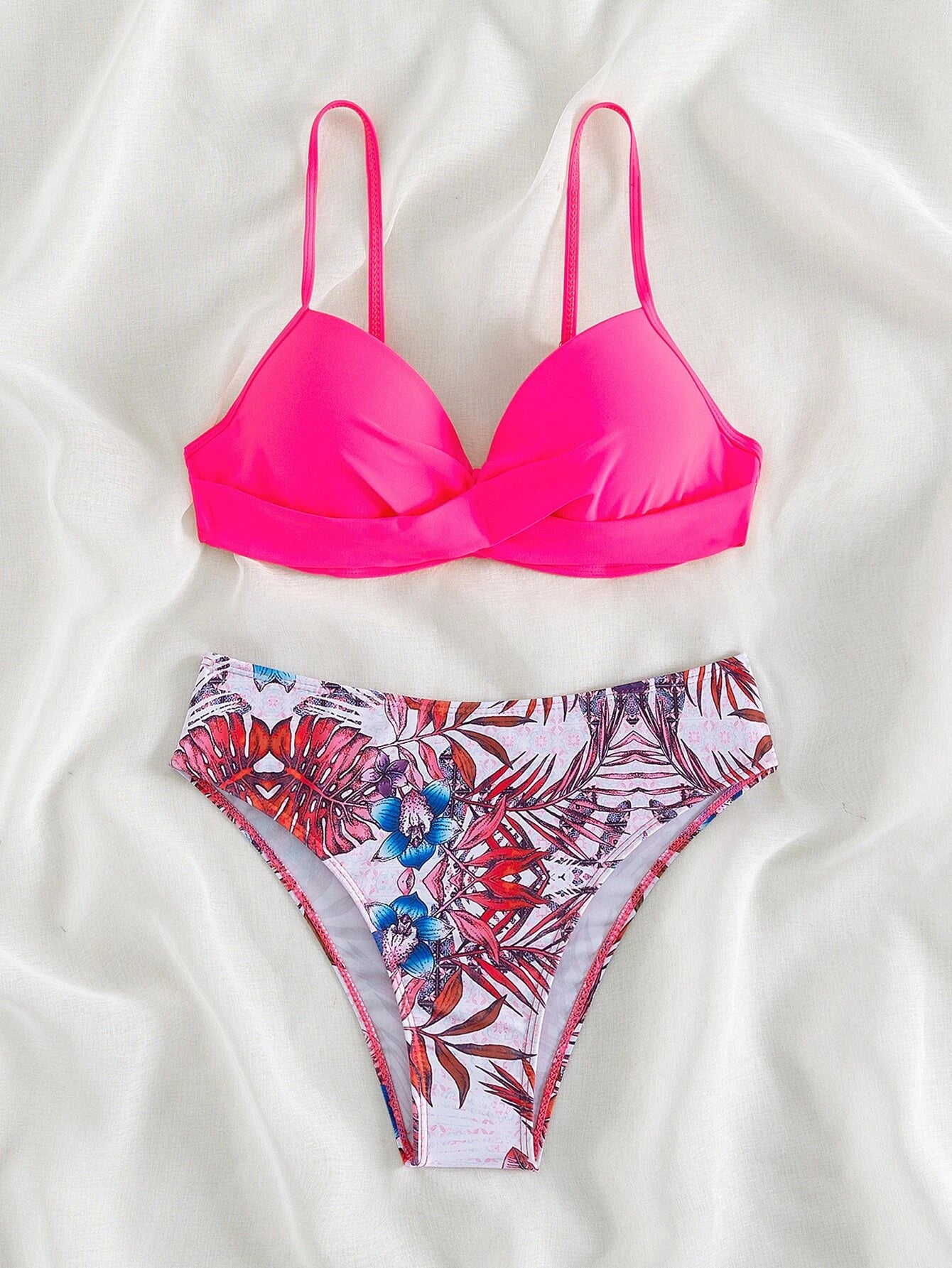 Neon Pink Tropical Twist Push Up Bikini Set